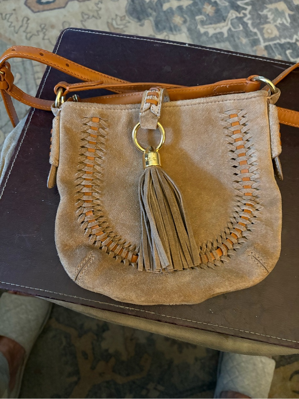 Ralph Lauren Suede Tassel Crossbody Bag in Taupe and Tan